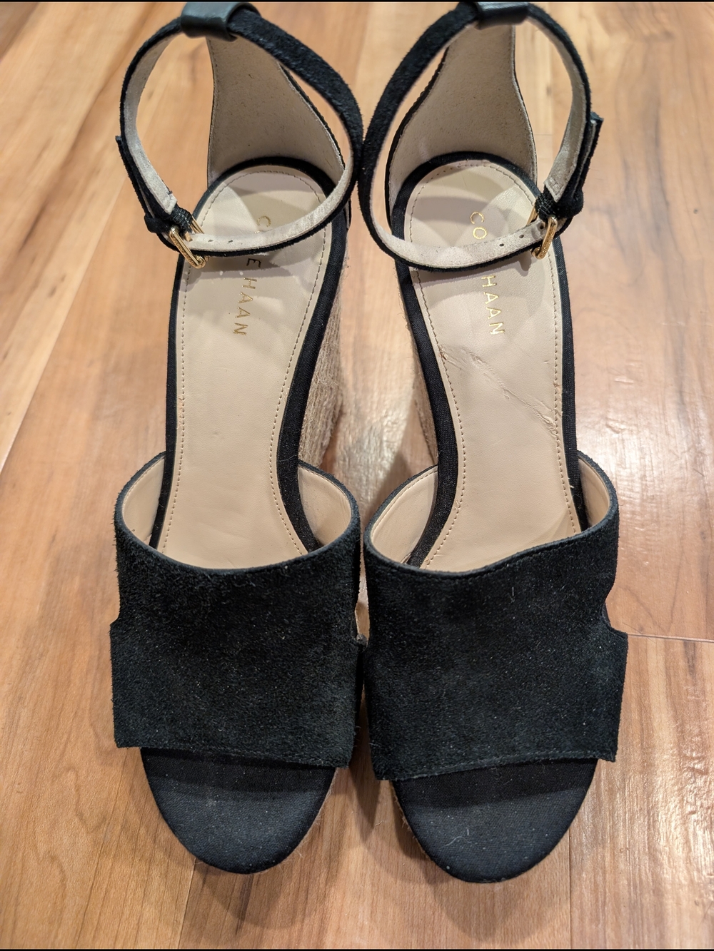 Cole Haan Giselle Black Suede Espadrille Wedge Ankle-Strap Sandals Sz 7
